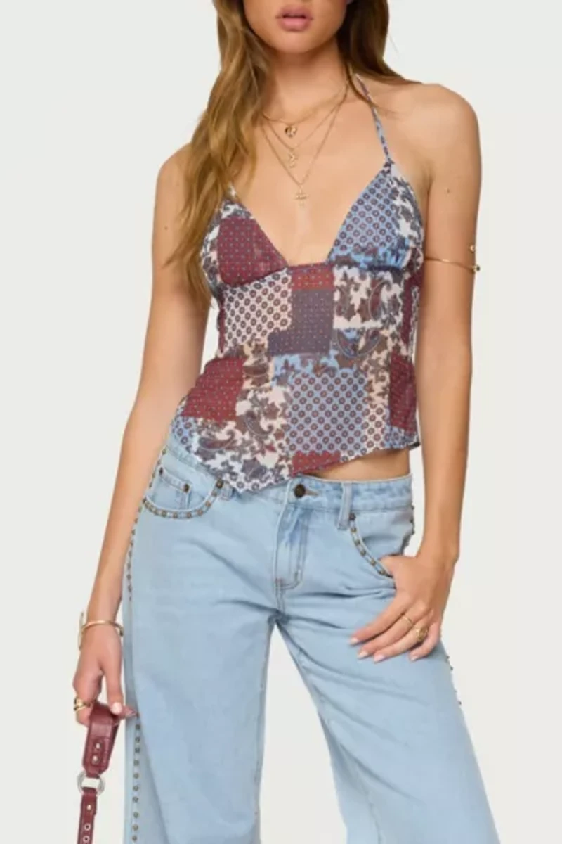 Edikted Mixed Patchwork Backless Halter Top