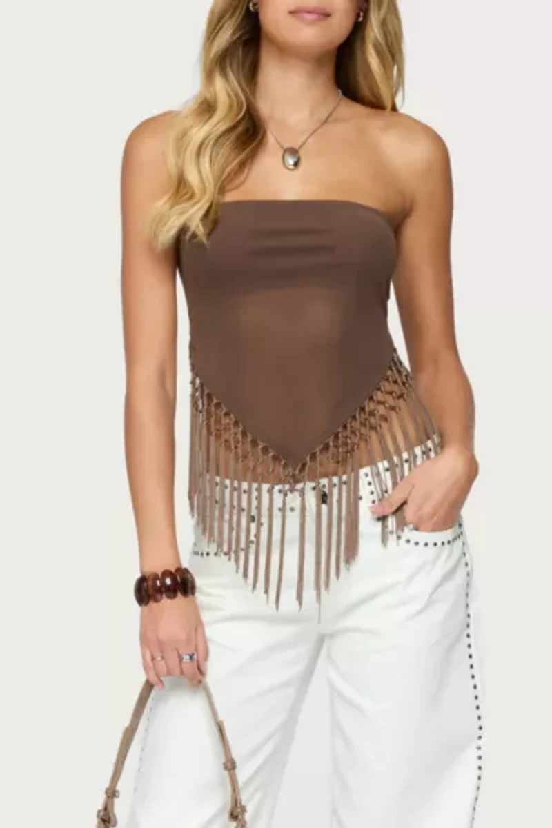 Edikted Backless Sheer Mesh Strapless Top