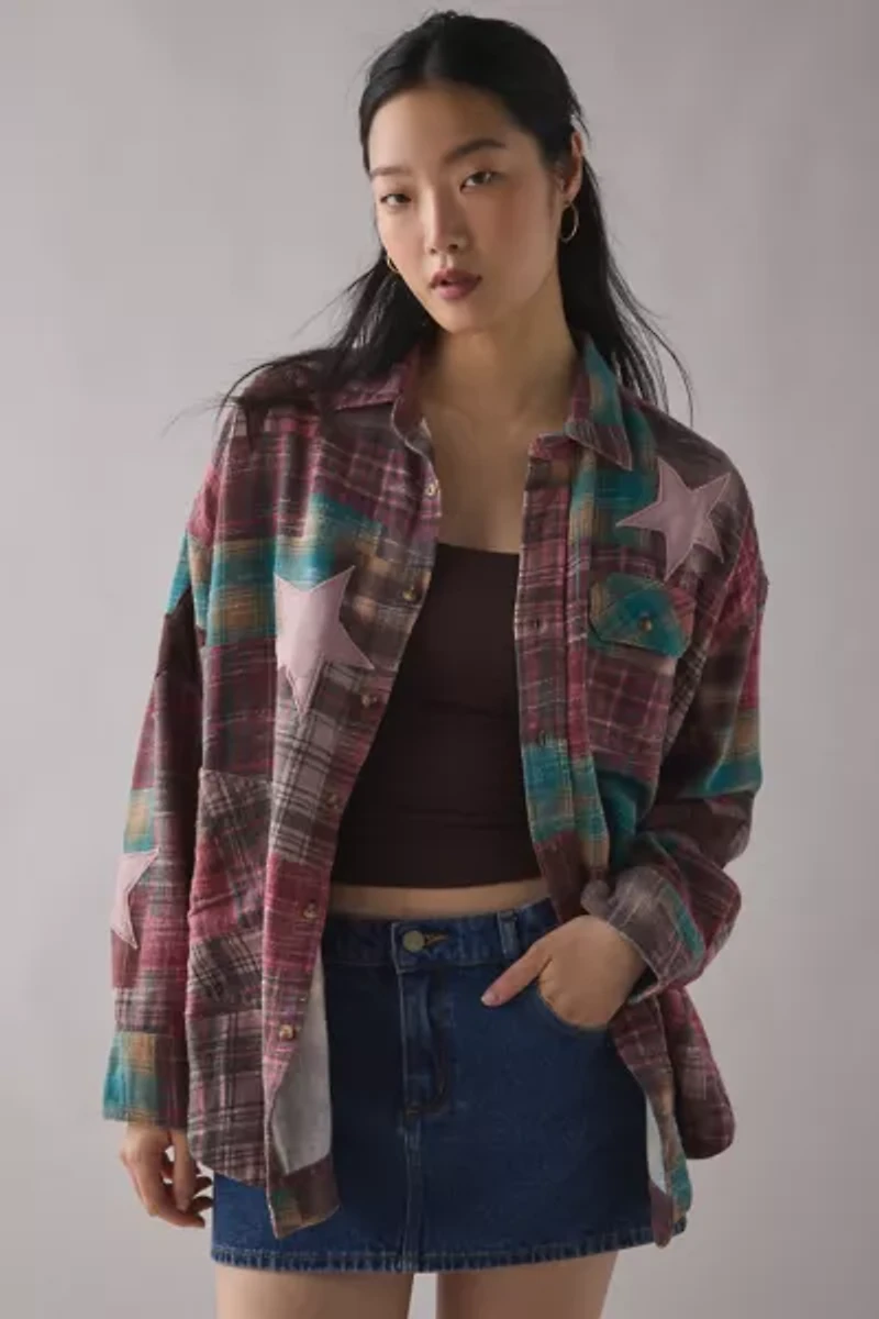 BDG Dani Cowboy Patchwork Oversized Flannel Shirt