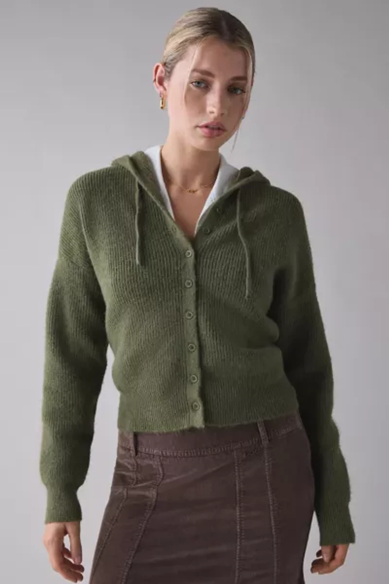 BDG Connie Ribbed Knit Hoodie Cardigan