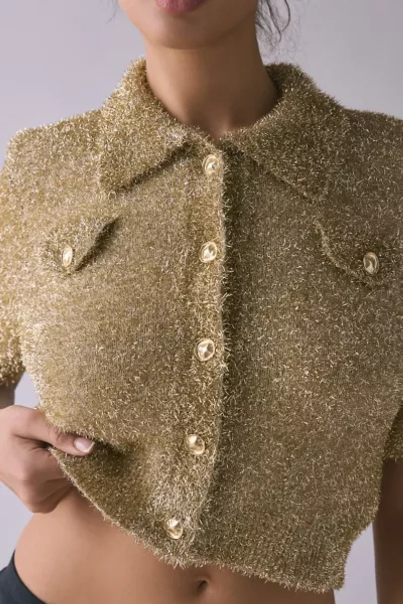 Glamorous Gold Knit Short Sleeve Cropped Cardigan