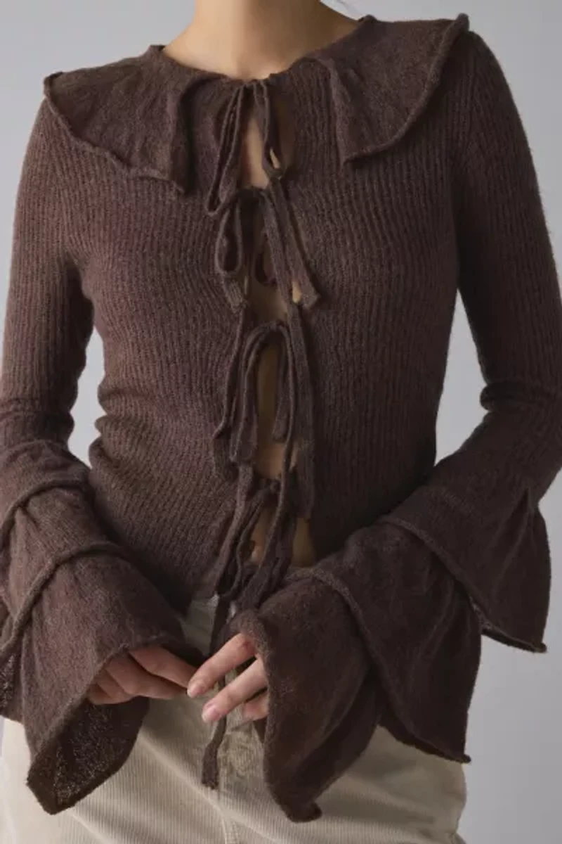 Glamorous Ruffle Bell Sleeve Tie-Front Cardigan