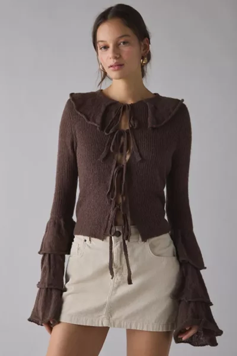 Glamorous Ruffle Bell Sleeve Tie-Front Cardigan