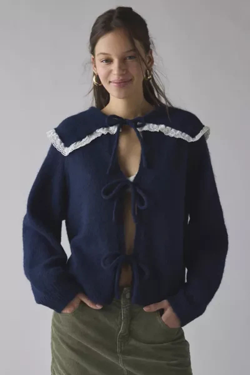 Glamorous Sailor Collar Tie-Front Oversized Cardigan