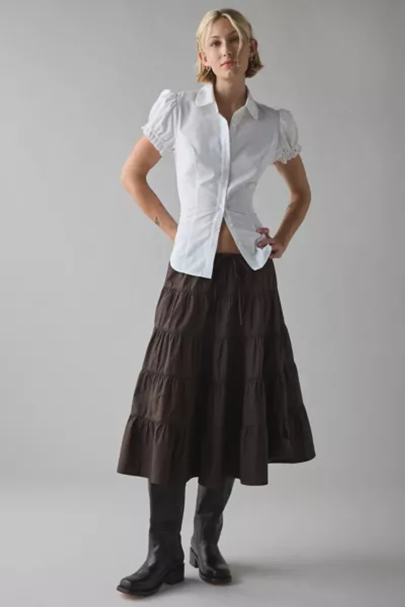 UO Bea Prairie Tie-Waist Tiered Cotton Midi Skirt
