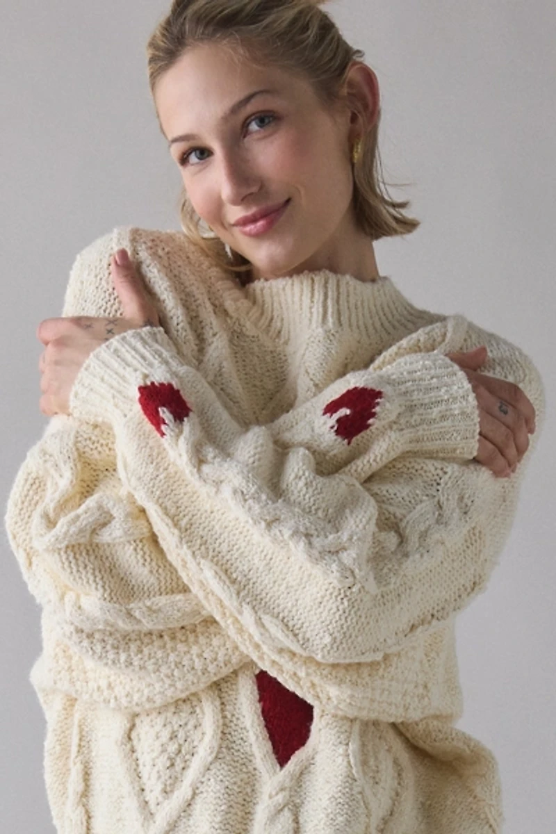 UO Alexa Heart Cable Knit Mockneck Sweater