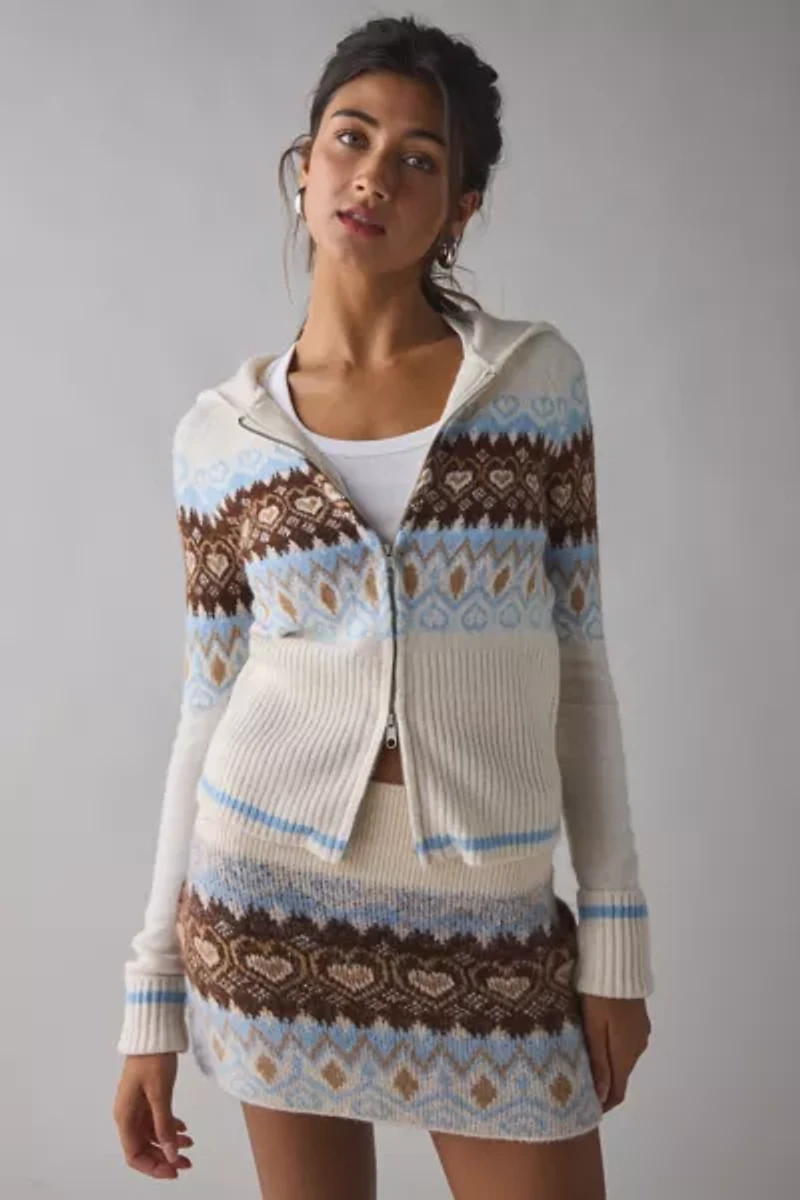 BDG Monet Fairisle Knit Zip-Up Hoodie Sweater