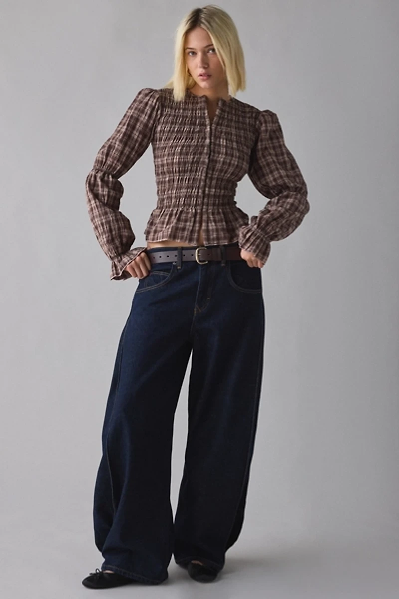 Daisy Street Lure Plaid Puff Sleeve Shirred Top