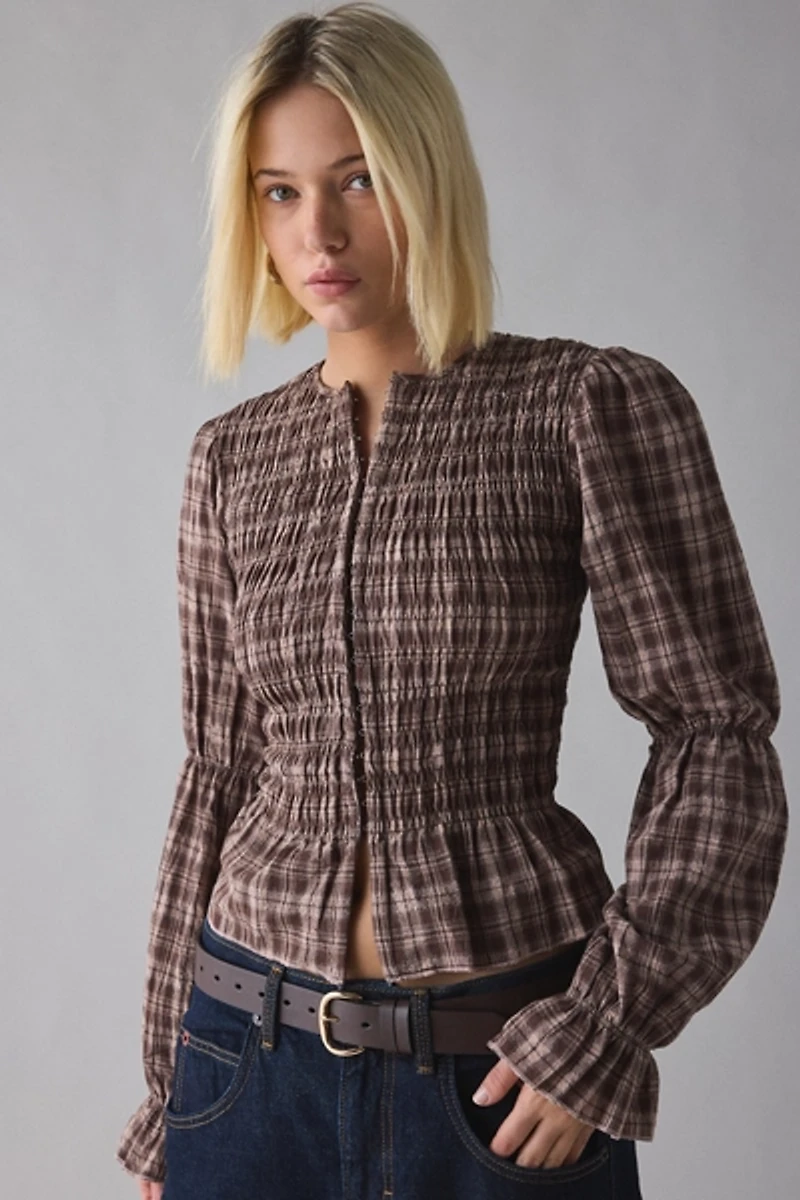 Daisy Street Lure Plaid Puff Sleeve Shirred Top