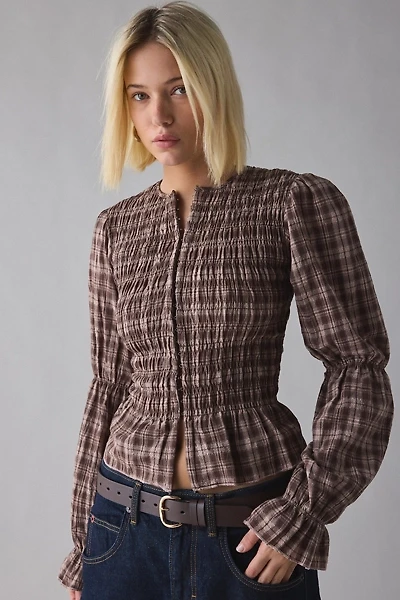 Daisy Street Lure Plaid Puff Sleeve Shirred Top