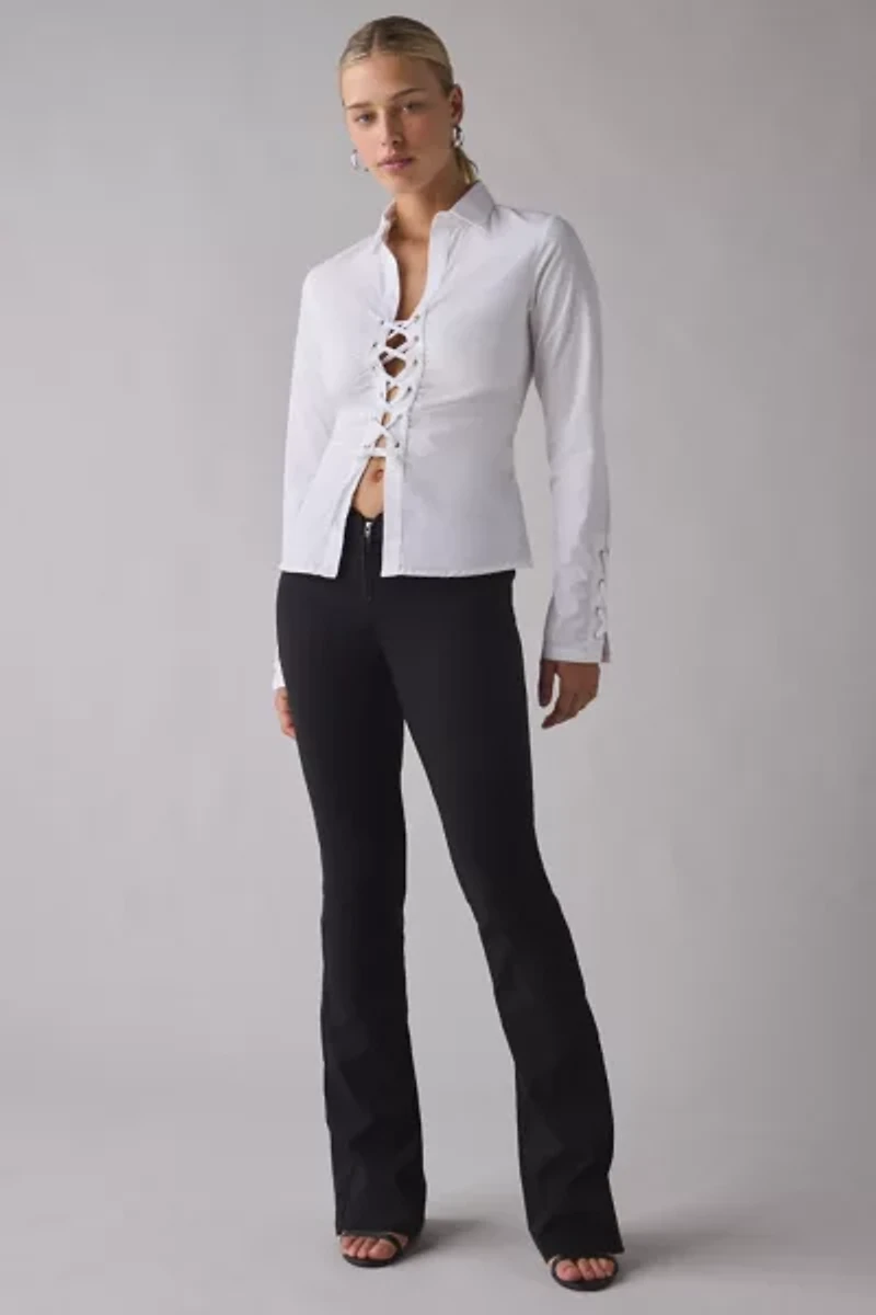 Motel Wyn Split-Front Corset Tie Long Sleeve Slim Shirt