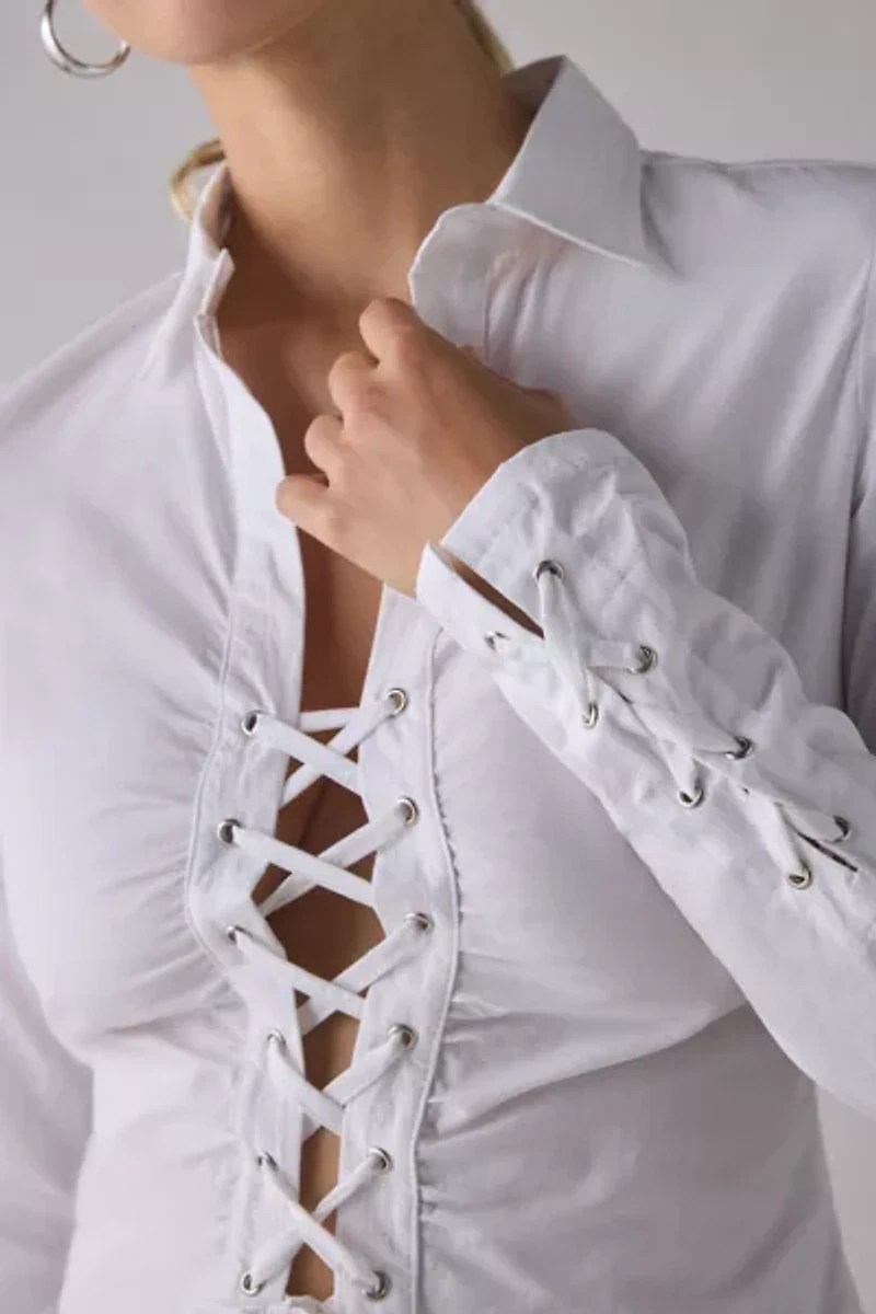 Motel Wyn Split-Front Corset Tie Long Sleeve Slim Shirt