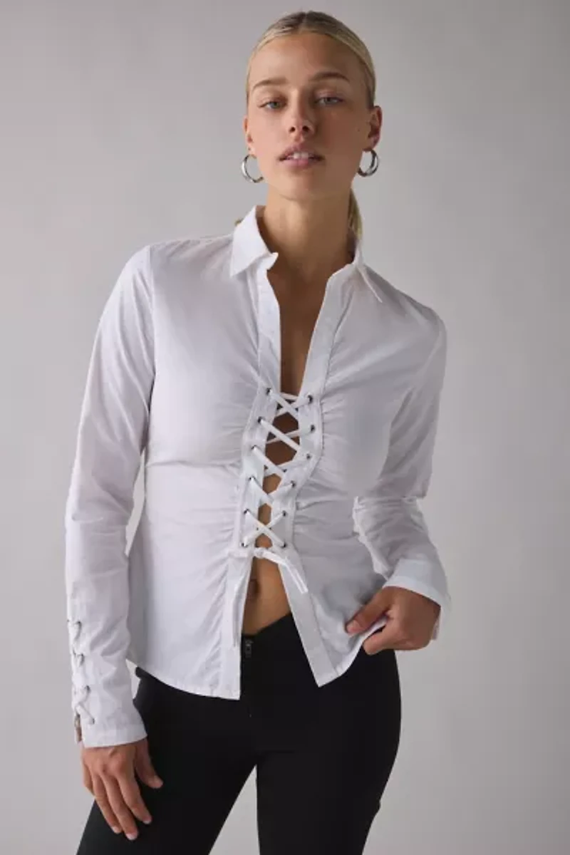 Motel Wyn Split-Front Corset Tie Long Sleeve Slim Shirt