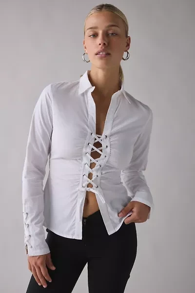Motel Wyn Split-Front Corset Tie Long Sleeve Slim Shirt