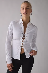 Motel Wyn Split-Front Corset Tie Long Sleeve Slim Shirt