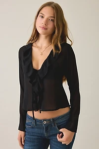 Motel Diar Sheer Chiffon Tie-Front Ruffle Top