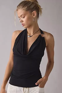 UO Crystal O-Ring Plunging Cowl Neck Halter Top