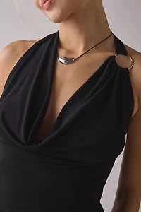 UO Crystal O-Ring Plunging Cowl Neck Halter Top