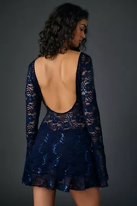 UO Let It All Sequin Embellished Lace Bell Sleeve Romper