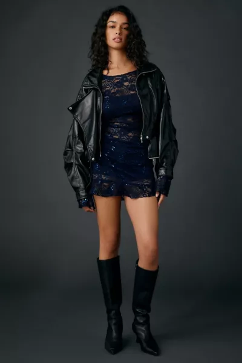 UO Let It All Sequin Embellished Lace Bell Sleeve Romper