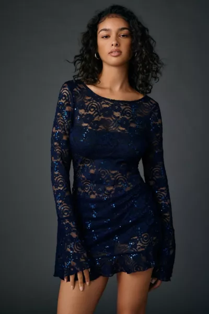 UO Let It All Sequin Embellished Lace Bell Sleeve Romper