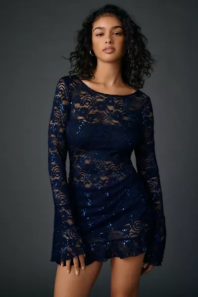 UO Let It All Sequin Embellished Lace Bell Sleeve Romper