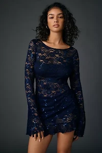 UO Let It All Sequin Embellished Lace Bell Sleeve Romper