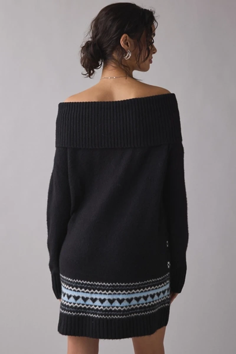BDG Suzie Swan Femme Fair Isle Off-The-Shoulder Sweater Mini Dress