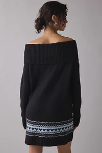 BDG Suzie Swan Femme Fair Isle Off-The-Shoulder Sweater Mini Dress