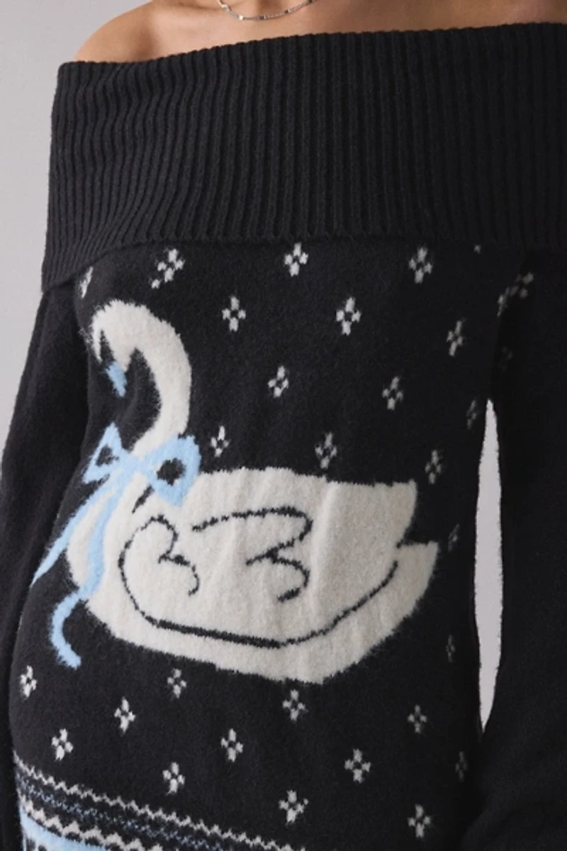 BDG Suzie Swan Femme Fair Isle Off-The-Shoulder Sweater Mini Dress