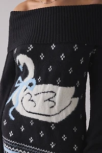 BDG Suzie Swan Femme Fair Isle Off-The-Shoulder Sweater Mini Dress
