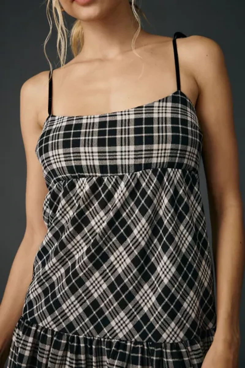 BDG Throw It On Tie-Strap Plaid Babydoll Mini Dress