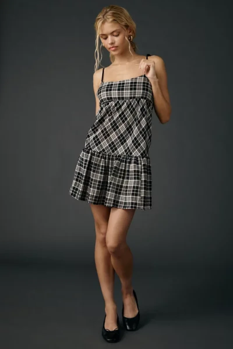 BDG Throw It On Tie-Strap Plaid Babydoll Mini Dress