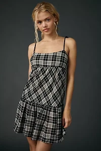 BDG Throw It On Tie-Strap Plaid Babydoll Mini Dress