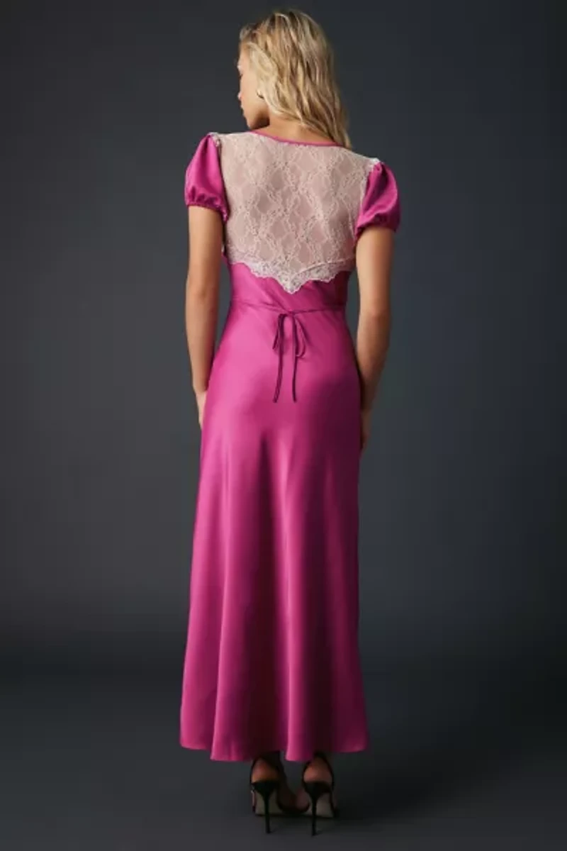 Kimchi Blue Romantic Sheer Lace Trim Satin Slip Maxi Dress