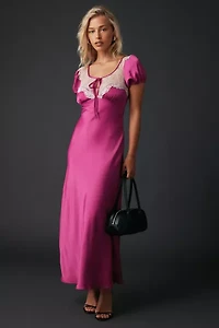 Kimchi Blue Romantic Sheer Lace Trim Satin Slip Maxi Dress