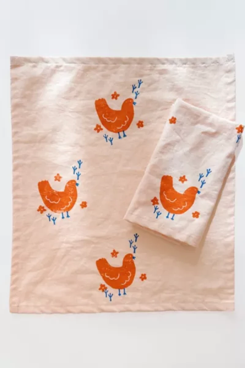 Julie Peach Block Printed Chickens Napkins