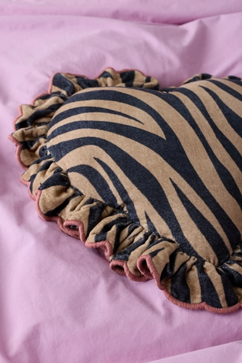 Zebra Ruffle Heart Velvet Throw Pillow