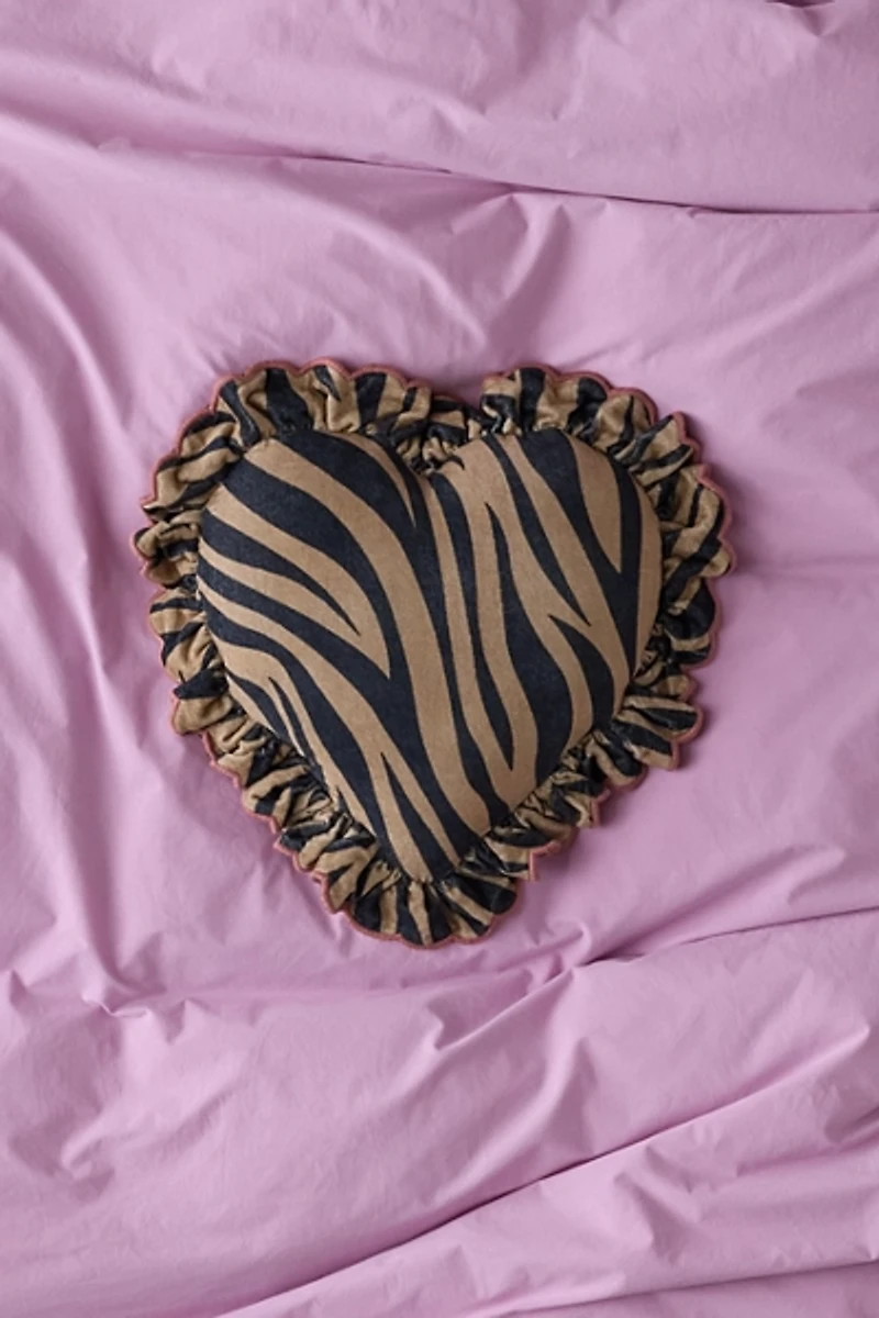 Zebra Ruffle Heart Velvet Throw Pillow