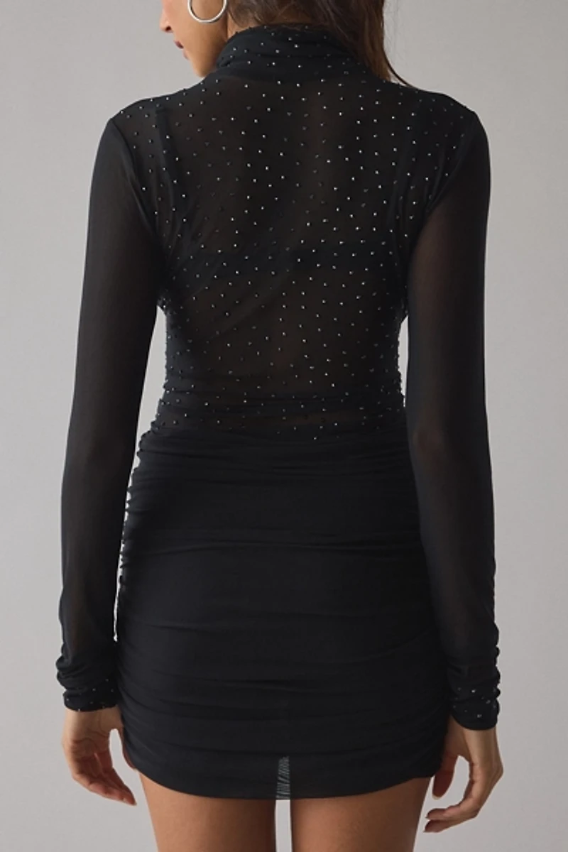 AFRM Ekko Rhinestone Sheer Mesh High Neck Long Sleeve Mini Dress