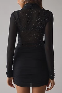 AFRM Ekko Rhinestone Sheer Mesh High Neck Long Sleeve Mini Dress