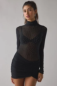 AFRM Ekko Rhinestone Sheer Mesh High Neck Long Sleeve Mini Dress
