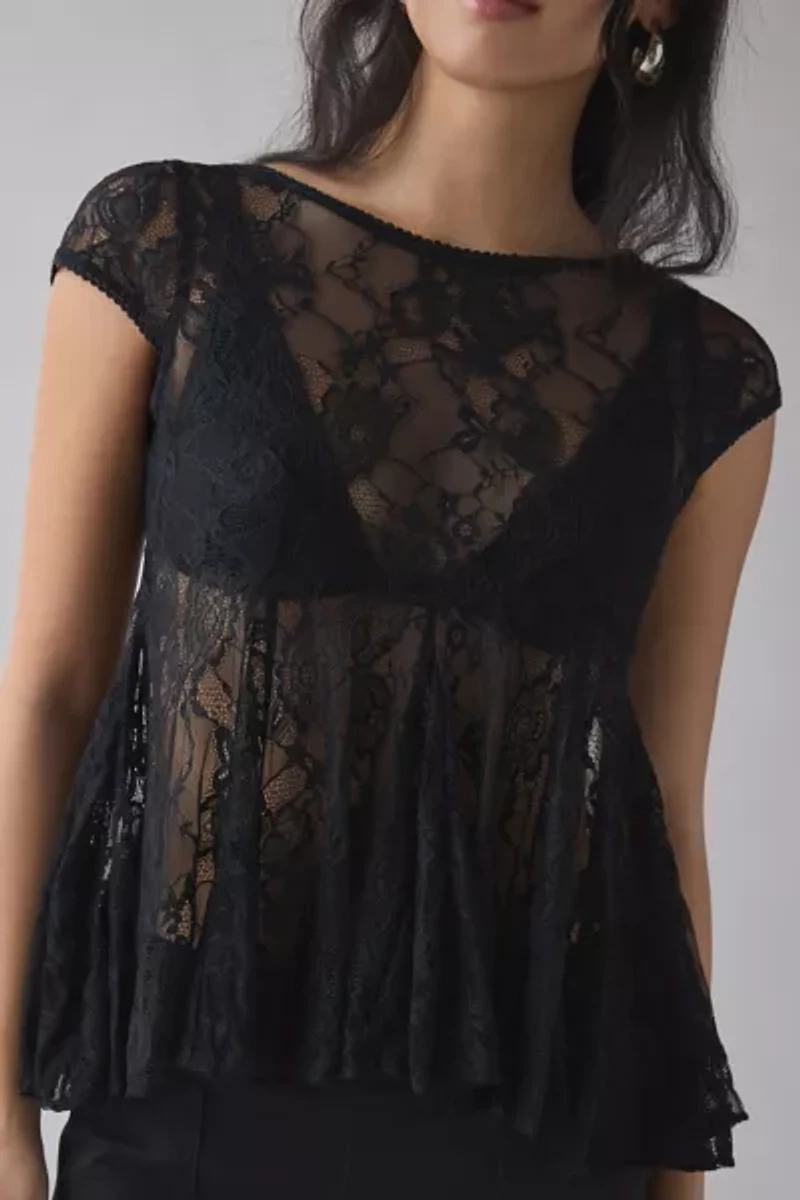 Kimchi Blue Eclipse Sheer Lace Short Sleeve Babydoll Top