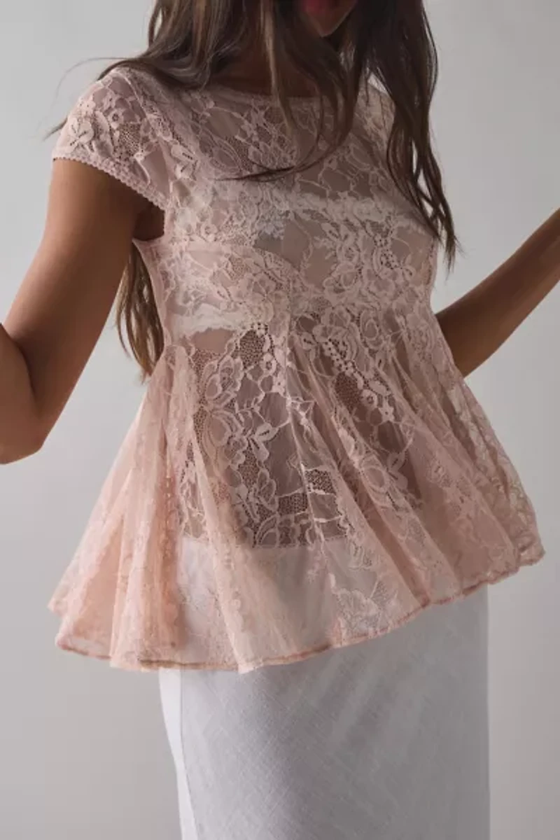 Kimchi Blue Eclipse Sheer Lace Short Sleeve Babydoll Top