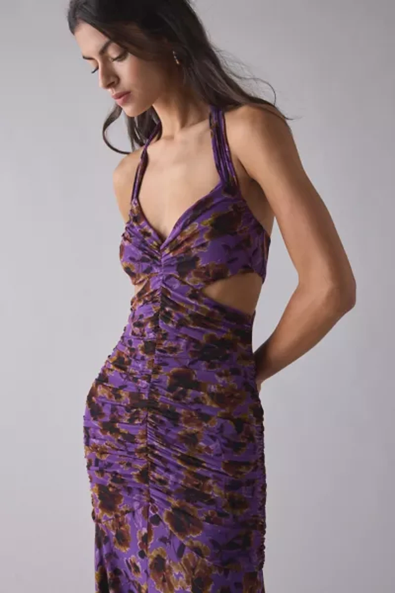 AFRM Lynn Ruched Side Cutout Halter Maxi Dress