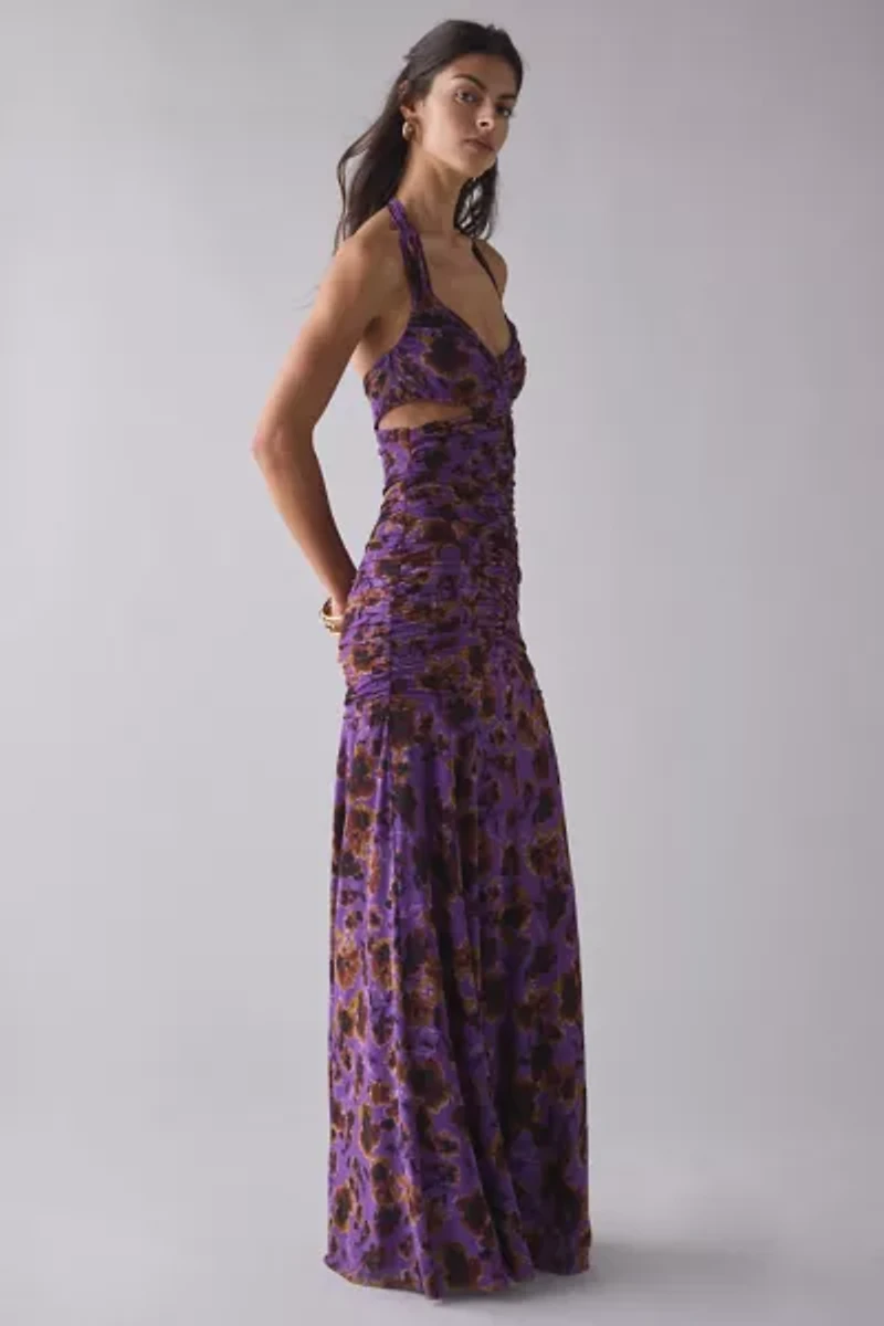 AFRM Lynn Ruched Side Cutout Halter Maxi Dress