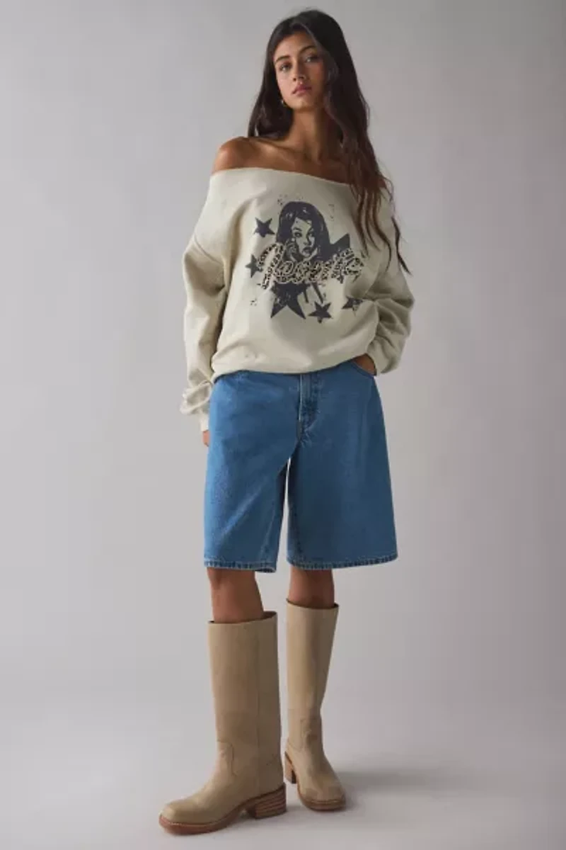 Iconic Rhinestone Graphic Off-The-Shoulder Pullover