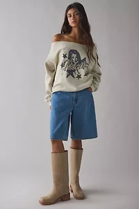 Iconic Rhinestone Graphic Off-The-Shoulder Pullover
