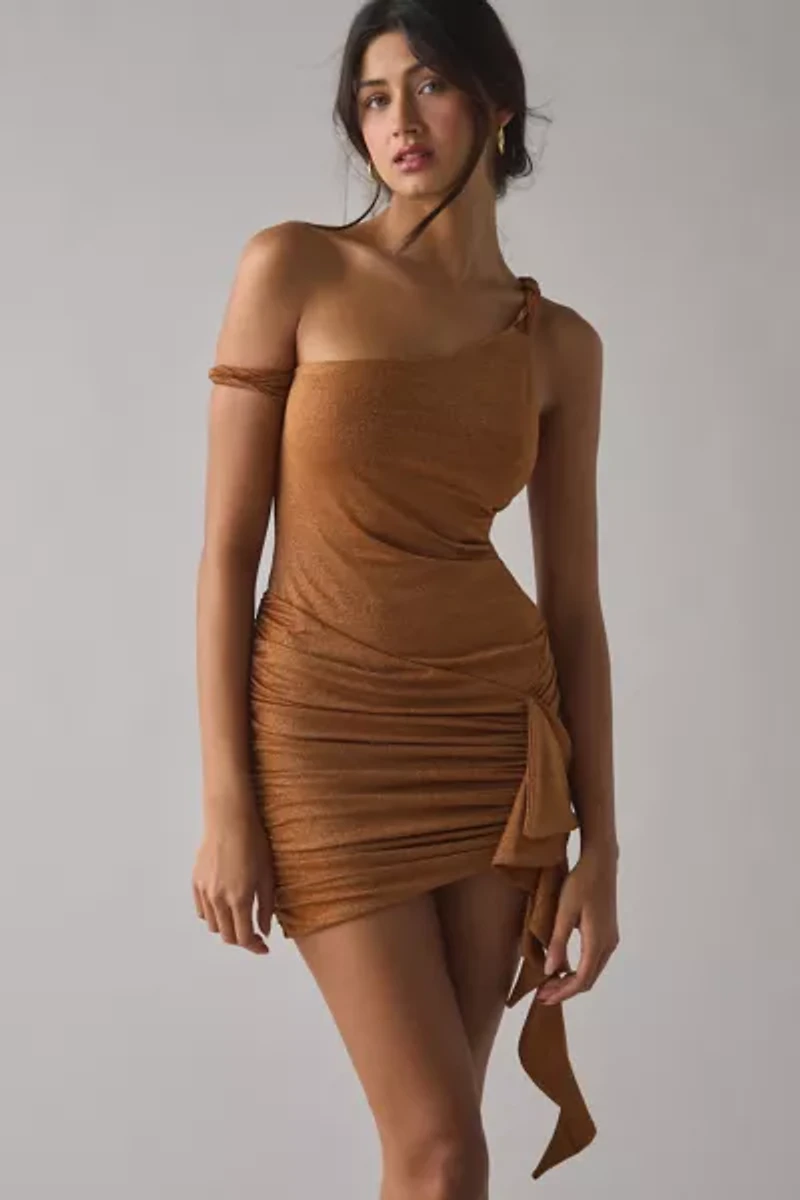 AFRM Shelby Bronze Sparkle Jersey Knit Asymmetric Ruched Bodycon Mini Dress