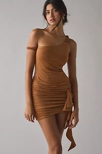 AFRM Shelby Bronze Sparkle Jersey Knit Asymmetric Ruched Bodycon Mini Dress